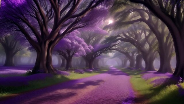 First Person POV of Walking through a Forest of Purple Jacaranda Trees