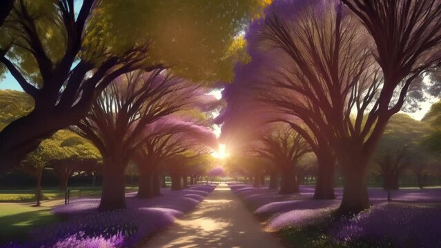 First Person POV of Walking through a Forest of Purple Jacaranda Trees