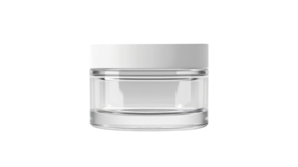 Glass cream jar on transparent. Cosmetic cream container blank. White plastic cap glass pot mockup. Round skin blush powder or gel tin template mock up. Creme jar no label, logo for your brand
