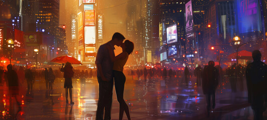 In a bustling city square, a pair of lovers steals a kiss beneath the glow of city lights