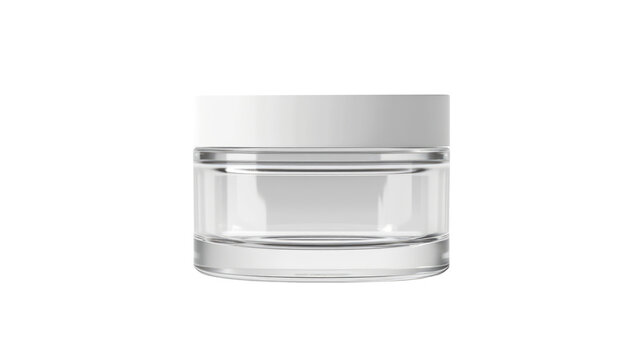 Glass cream jar on transparent. Cosmetic cream container blank. White plastic cap glass pot mockup. Round skin blush powder or gel tin template mock up. Creme jar no label, logo for your brand