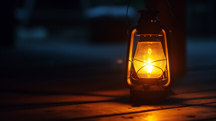 Lantern in the night on the wooden floor - obrazy, fototapety, plakaty