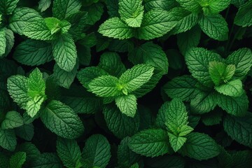 Top view of fresh mint lemon balm and peppermint leaves Natural layout with mint leaf texture...