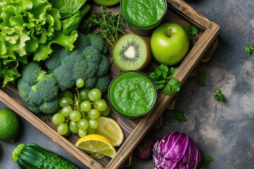 Top view of fresh green and purple juices with fruits greens and veggies in a wooden tray...