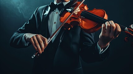 Young male musician playing the violin. Music school exam concept. A guy performs classical music on a string instrument. Illustration for cover, card, postcard, interior design, decor or print.