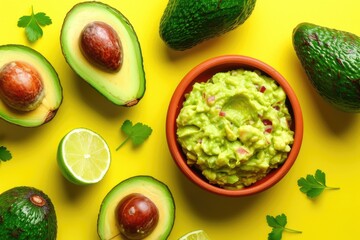 Top view of guacamole with avocado and lime on yellow surface