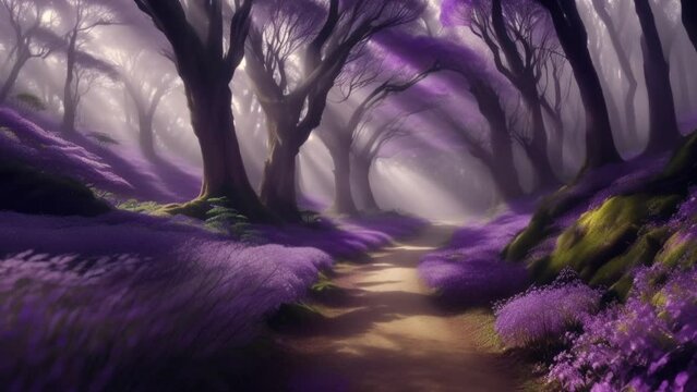 First Person POV of Walking through a Forest of Purple Jacaranda Trees