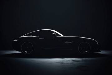 A black sports car parked in a dimly lit room. This image can be used to showcase luxury vehicles or as a backdrop for automotive-related content