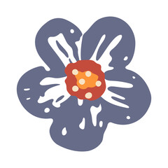 Vector blue flower illustration. Colorful playful bold flower with painted brush texture isolated on white background. Cute modern yellow floral element, naive sketch, flat style