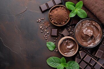 Top view of natural chocolate spa products with towel and plants on dark background