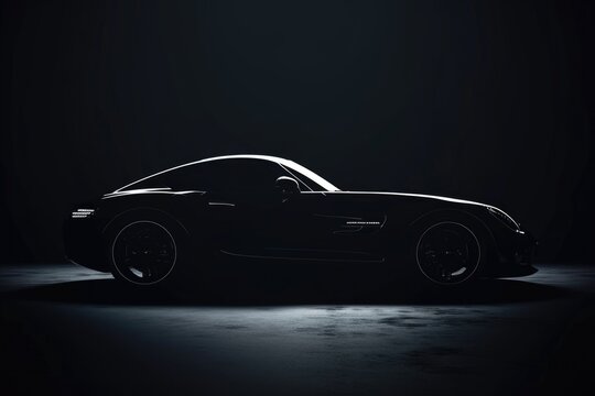 A black sports car parked in a dimly lit room. This image can be used to showcase luxury vehicles or as a backdrop for automotive-related content