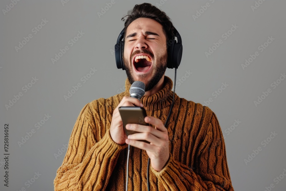 Poster A man is captured in the act of singing into a microphone while wearing headphones. This image can be used to depict a performer or musician in a recording studio or during a live performance