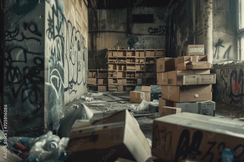 Aufkleber A room filled with an abundance of boxes. Versatile image suitable for various contexts