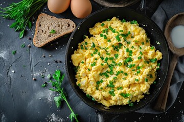 Top view of scrambled eggs in a frying pan with pork lard bread and green onions - obrazy, fototapety, plakaty