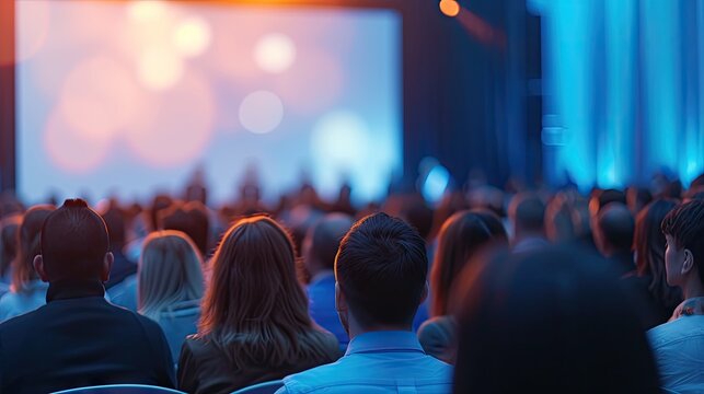Blend in professionalism! A blurred background of a business conference and presentation, showcasing the dynamic atmosphere of a corporate event and the engaged audience