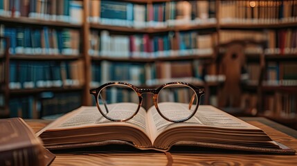 A book with glasses on the desk against a library backdrop, creating a cozy reading nook perfect for quiet intellectual pursuits and study sessions