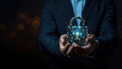 Cyber security data protection business technology privacy concept. Businessman hand holding padlock with keyhole on dark background.