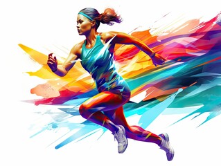 Running female athlete in sportswear. Energetic young woman. Marathon runner. Sport. Acrylic painting background made with paint strokes. Illustration for cover, card, interior design, brochure, etc. - obrazy, fototapety, plakaty