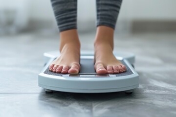 A woman standing on a scale, measuring her weight. Useful for health and fitness-related content
