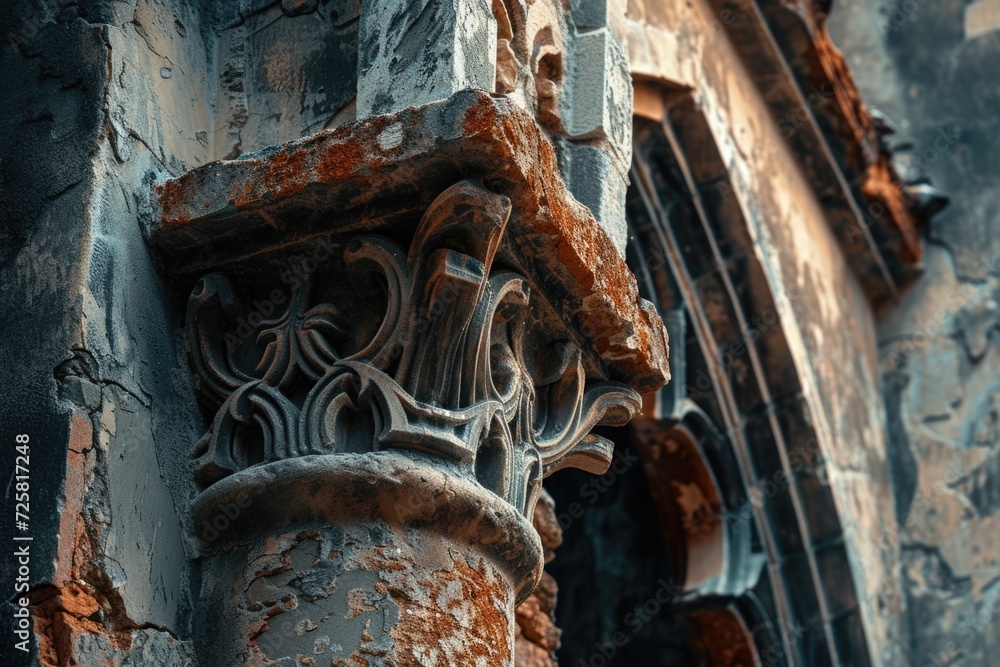 Poster A detailed view of a building featuring a prominent stone column. This image can be used to showcase architectural details or to represent strength and durability