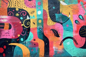 Naklejka premium Underground street art graffiti with abstract house paint drawings Modern urban culture of street youth Abstract wall artwork