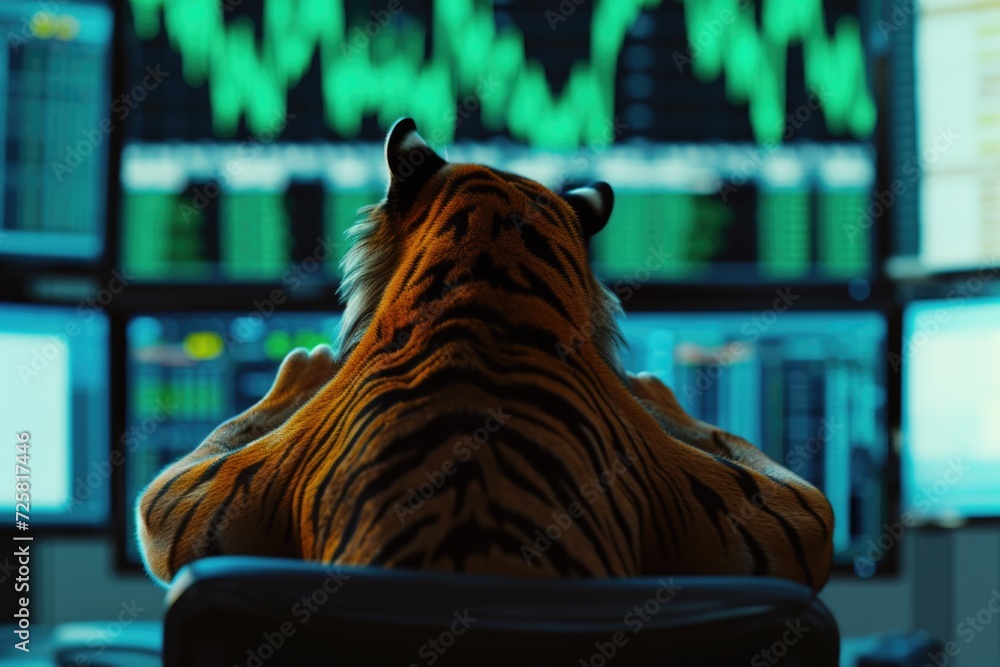 Aufkleber A tiger sitting calmly in front of a computer monitor. Can be used to represent the concept of technology and nature coming together