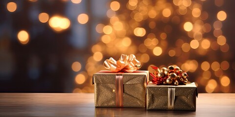 Festive holiday scene with gifts on a table and a lit tree.