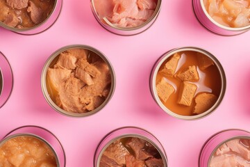 Wet pet food in open cans over pink background Top view