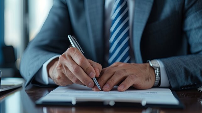 A man in a suit signs an important document (contract, certificate). The concept of responsibility. Completion of a business transaction. Illustration for banner, poster, cover, brochure, presentation