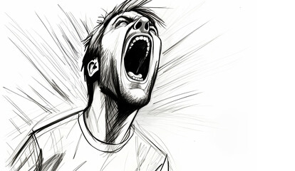 man shouting in anger. black and white drawing illustration on white background with copy space. AI generated