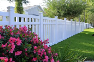 White plastic backyard fence for protection and privacy - obrazy, fototapety, plakaty