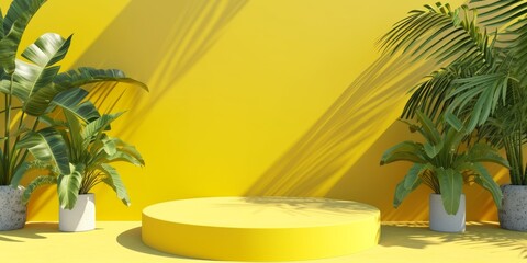 Highlight your product against a vibrant yellow display set amid a backdrop of lush green palm plants, creating a visually appealing and tropical presentation