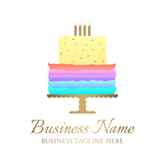 Cute Rainbow Color Cake Logo for Bakery Business or Birthday Celebration with Candles and Multicolor Decoartion
