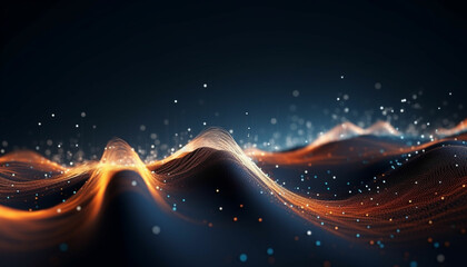 Wave of particles and lines. Big data visualization. Abstract background with a dynamic wave. 3d rendering