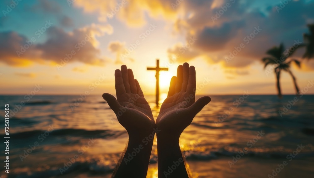Wall mural silhouette of hands holding the cross on the sea background - Wall murals