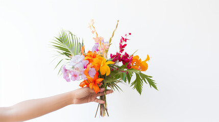 Gałązka palmy z kwiatami w ręku - Niedziela Palmowa. Symbol wjazdu Jezusa do Jerozolimy. Chwała Panu - obrazy, fototapety, plakaty