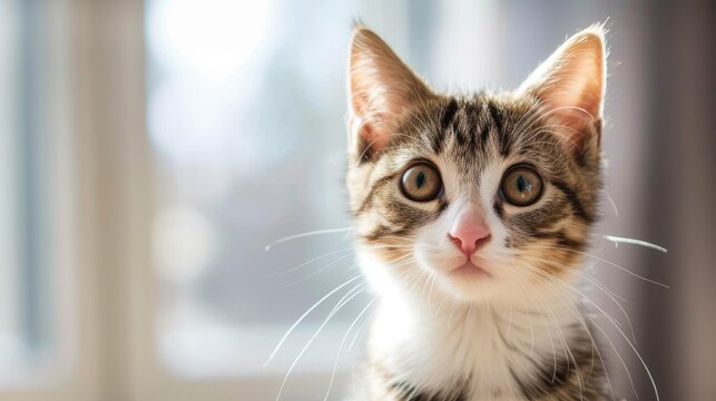 Close-up portrait of a Munchkin cat sitting down, looking around with a captivating background