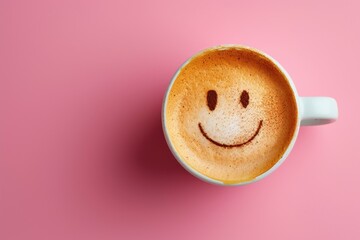Happy morning and inspiration with a cup of delicious coffee and a smile on a colorful background - obrazy, fototapety, plakaty