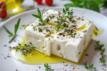 Herbed olive oil on sliced Feta cheese