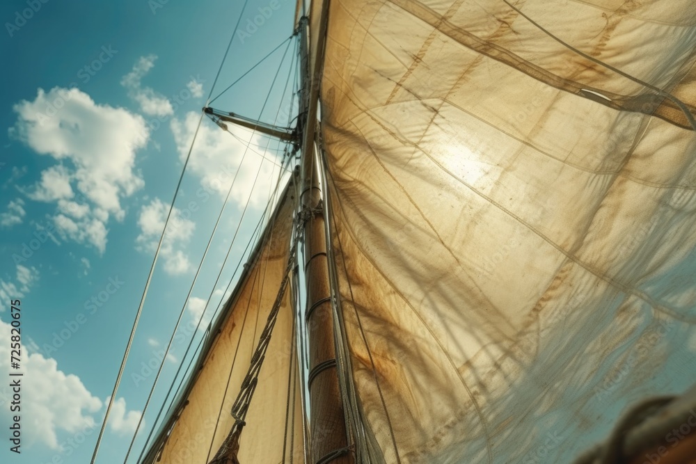 Poster a sail boat with the sun shining through its sails. perfect for nautical themes and summer concepts