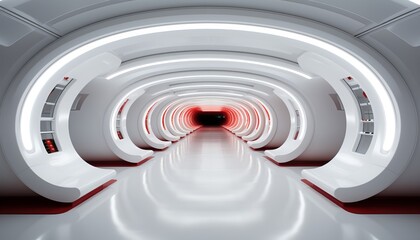 Futuristic 3d room with white background and abstract light technology tunnel stage floor