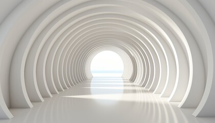 Futuristic 3d room with abstract space tunnel and illuminated stage floor on white background.