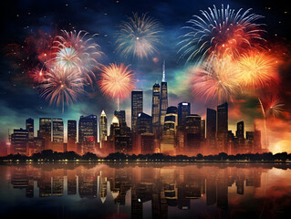 Fireworks over the city skyline
