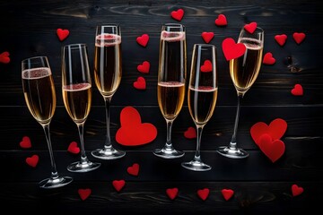 Glasses of champagne with hearts on valentine day.