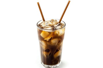 Isolated white background with clipping path featuring iced coffee and brown straw