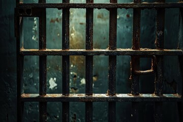 Jail with rusted metal bars and dark bright cells