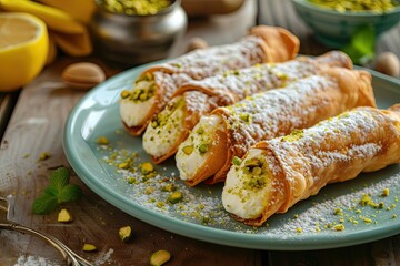 Sicilian Cannoli classic treat filled with ricotta and pistachios