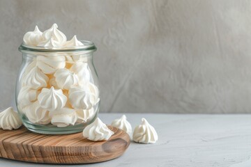 Small meringues displayed in a jar on a wooden surface against a gray backdrop