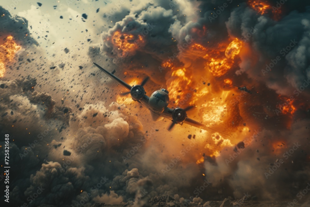 Poster a plane is seen flying through a cloud of smoke and fire. this image can be used to depict a dangero