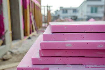 Stacked pink XPS foam insulation boards on construction site High density low water absorption Eco friendly energy saving technology